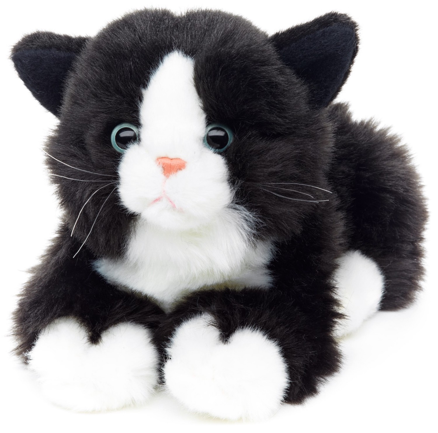 Katze mit Stimme, liegend (schwarz-weiß) - 20 cm (Länge) - Plüschtier, Kuscheltier