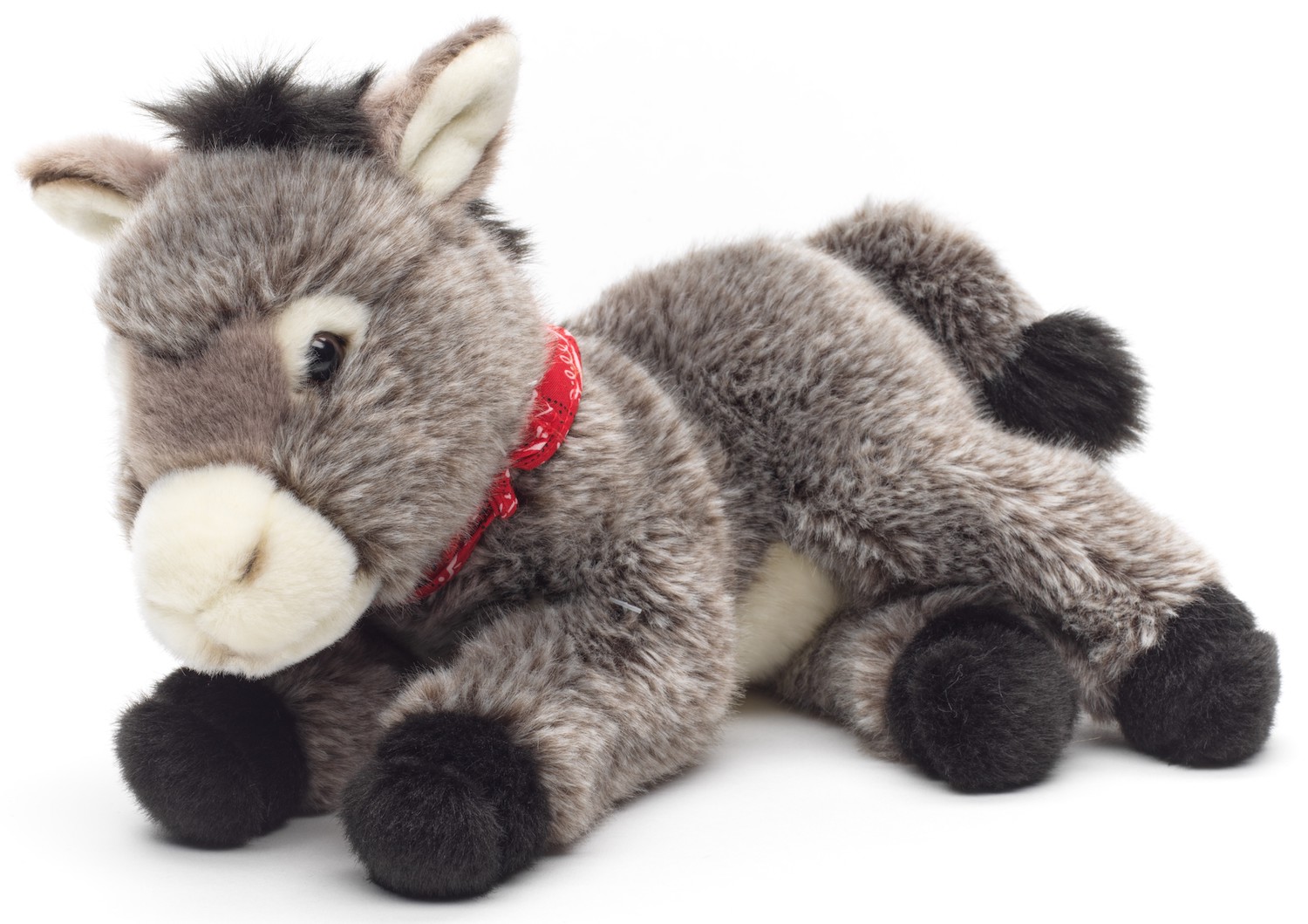 Uni-Toys – donkey with scarf, lying down - 28 cm (length) - plush toy, cuddly toy