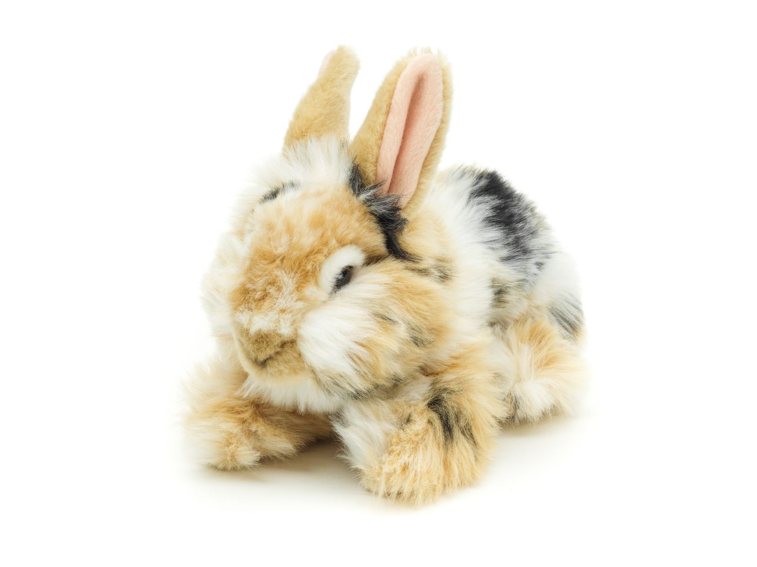 Löwenkopf-Kaninchen mit aufgestellten Ohren - liegend - schwarz-braun-weiß gescheckt - 23 cm (Höhe) - Plüsch-Hase - Plüschtier, Kuscheltier