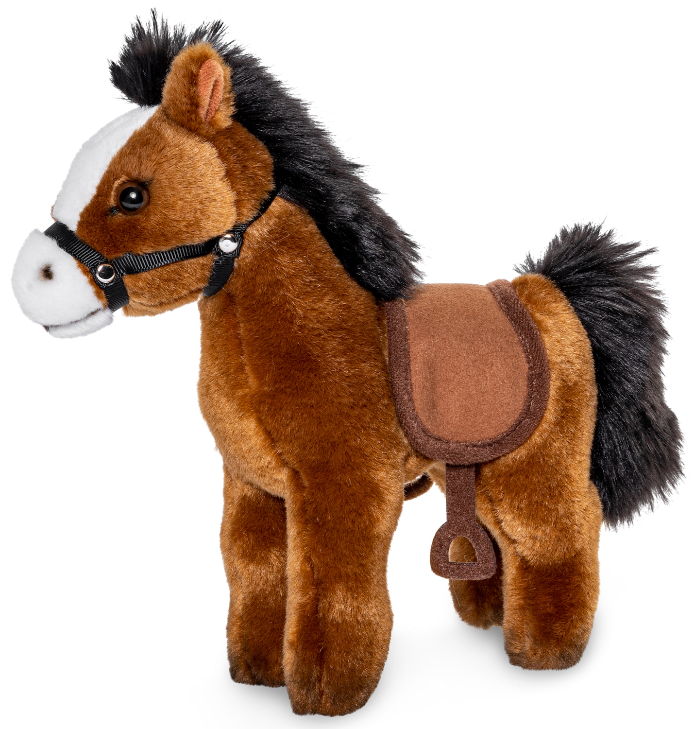 Pferd, stehend, braun (mit Sattel und Steigbügel) - 23 cm (Länge) - Plüschtier, Kuscheltier