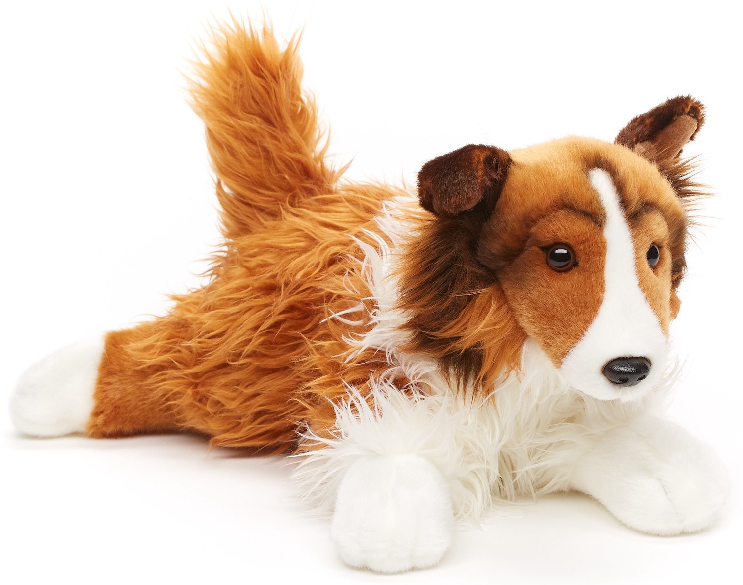 Uni-Toys - long hair collie with leash, sitting - Face white-brown - 27 cm (height) - Plush dog, Collie - Plush toy, Cuddly toy