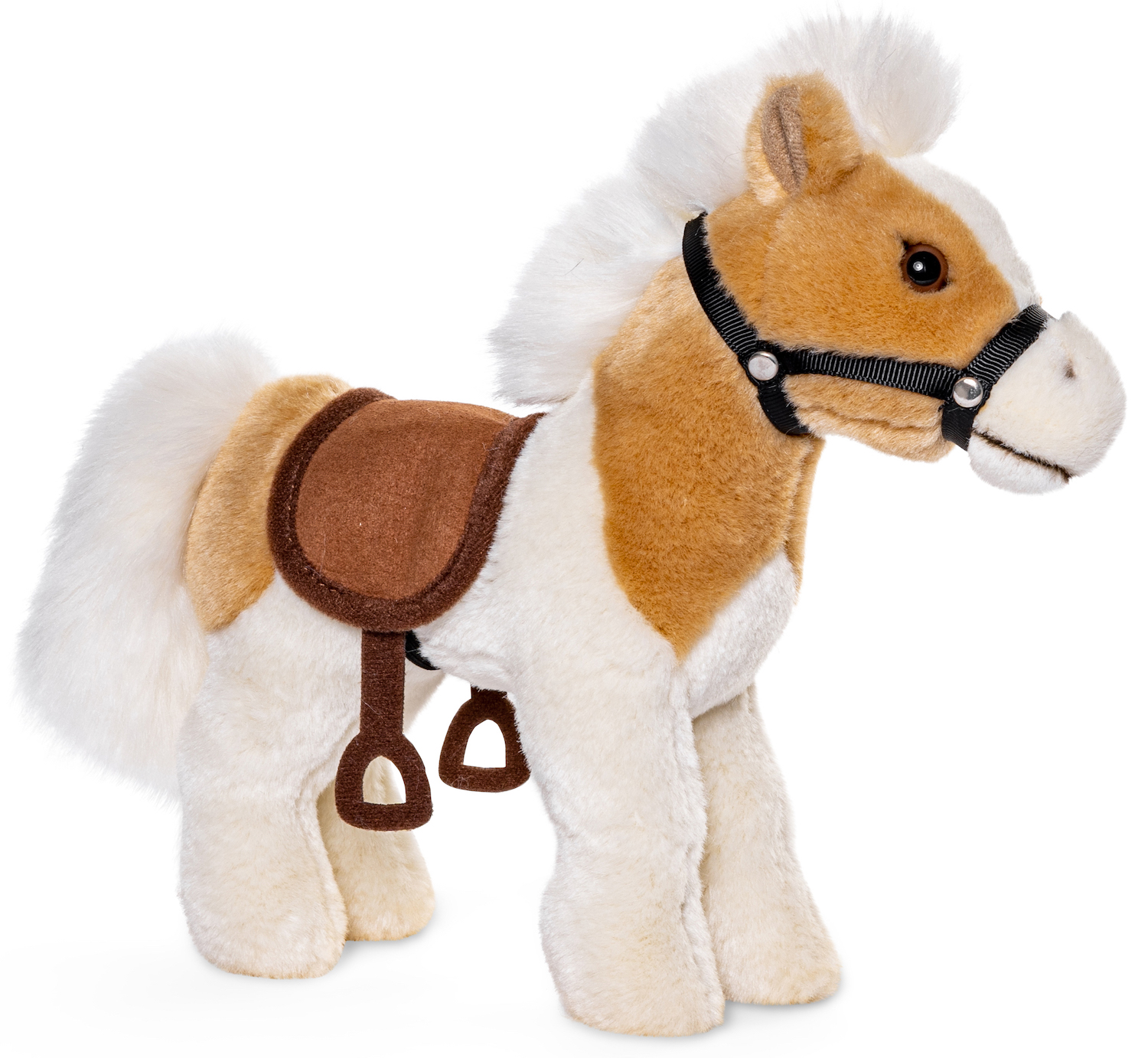 Horse with saddle and stirrup, standing (beige-white)