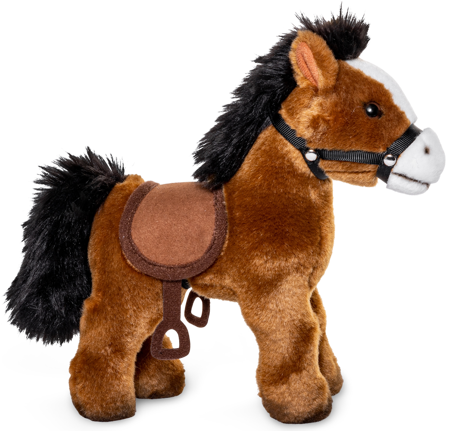 Horse with saddle and stirrup, standing (brown)