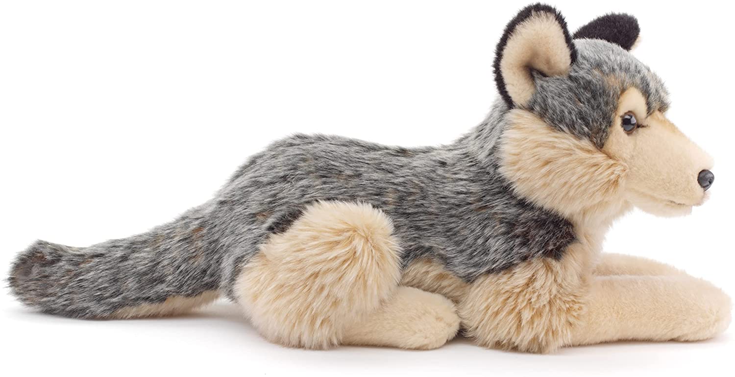 Uni-Toys - grey wolf, lying - 30 cm (length) - Plush wolf, lupus - plush toy, cuddly toy