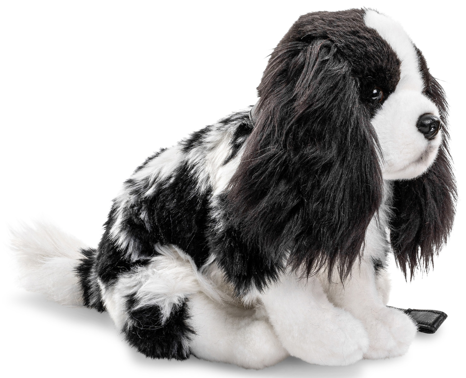 Uni-Toys - cocker spaniel black and white, sitting - With collar and leash - 23 cm (height) - Plush dog - Plush toy, cuddly toy
